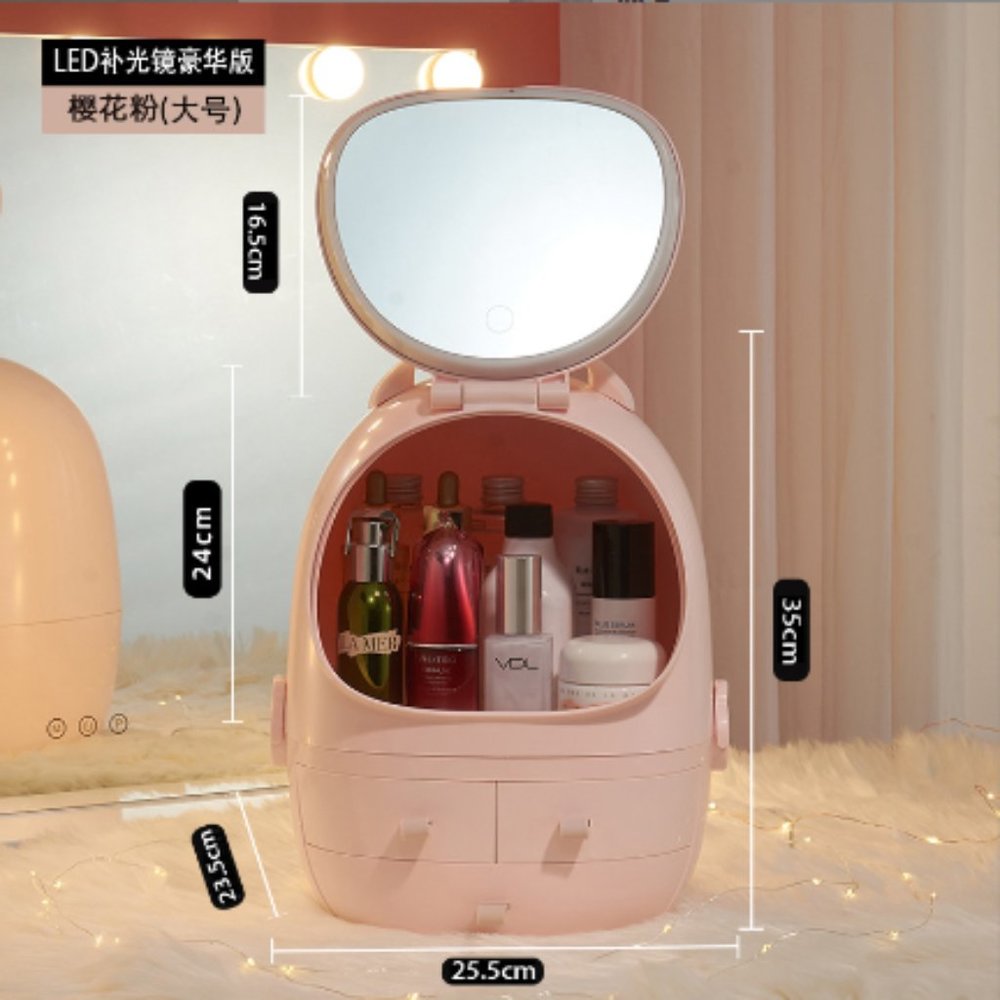 Dustproof Makeup Organizer with Lighted Mirror & Drawers Cosmetic Storage Box